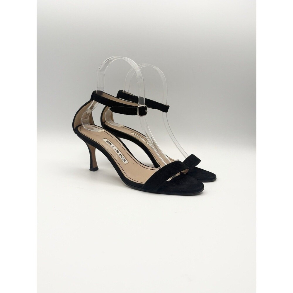 Manolo Blahnik Black Suede Kitten Heels w/ Ankle Strap Size EU 36.5